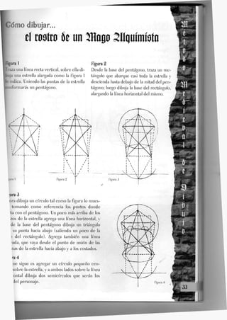 »ómo dibujar...
tí costeo k un $to00 aiíquímí0to
una Jínea recta vertical, sobre ella di-
ija una estrella alargada como la figura 1
indica. Uniendo Jas puntas de la estrella
>nformarás un pentágono.
figura 2
Desde la base del pentágono, traza un rec-
tángulo que abarque casi toda la estrella y
descienda hasta debajo de la mitad del pen-
tágono; luego dibuja Ja base del rectángulo,
alargando Ja Jínea horizontal del mismo.
»ura i
¡ura 3
ora dibuja un círculo tal como la figura Jo mues-
tomando como referencia Jos puntos donde
ta con eJ pentágono. Un poco más arriba de Jos
zos de Ja estreJJa agrega una Jínea horizontaJ, y
de Ja base del pentágono dibuja un triángulo
su punta hacia abajo (saliendo un poco de la
3 del rectángulo). Agrega también una línea
ada, que vaya desde el punto de unión de las
ñas de la estrella hacia abajo y a los costados.
ra 4
iue sigue es agregar un círculo pequeño cen-
sobre la estrella, y a ambos lados sobre Ja Jínea
;ontal dibuja dos semicírculos que serán Jos
deJ personaje.
/ r - A - j
. 4. V
*
 N í
f /  X
H /
 l - O v - t —
V t i X
 1 1
/ X
 l / 
"  i
 s 1
Aiy
y
X V
 v
! ' 1/ ,
i 
/ !
/ • ii i /
* }S
figura 3
fieura 4
 