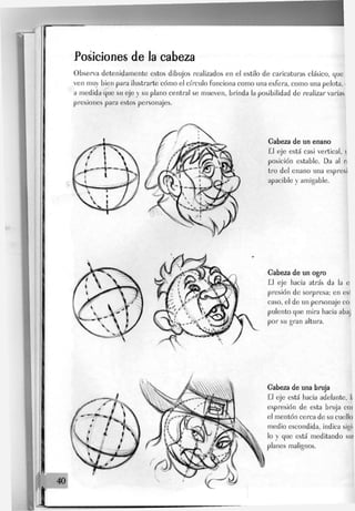 Posiciones de Ja cabeza
Observa detenidamente estos dibujos realizados en el estilo de caricaturas clásico, que
ven muy bien para ilustrarte cómo el círculo funciona como una esfera, como una pelota, i
a medida que su eje y su plano central se mueven, brinda la posibilidad de realizar varias
presiones para estos personajes.
Gabeza de un ogro
£1 eje hacia atrás da la e
presión de sorpresa; en esl
caso, el de un personaje co
pulento que mira hacia abaj
por su gran altura.
40
Gabeza de una bruja
£1 eje está hacia adelante, I:
expresión de esta bruja coi
el mentón cerca de su cuello
medio escondida, indica sigi-
lo y que está meditando sus
planes malignos.
 