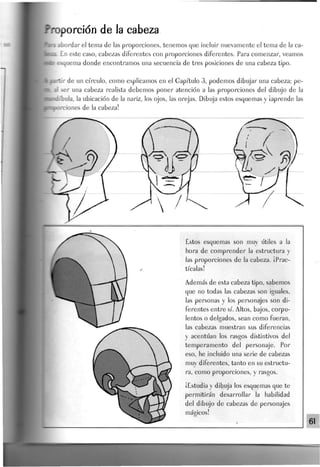porción de la cabeza
ibordar eJ tema de las proporciones, tenemos que incluir nuevamente el tema de la ca-
£n este caso, cabezas diferentes con proporciones diferentes. Para comenzar, veamos
esquema donde encontramos una secuencia de tres posiciones de una cabeza tipo.
r de un círculo, como explicamos en el Gapítulo 3, podemos dibujar una cabeza; pe-
ser una cabeza realista debemos poner atención a las proporciones del dibujo de la
íbula, la ubicación de Ja nariz, los ojos, las orejas. Dibuja estos esquemas y ¡aprende las
rciones de la cabeza!
Estos esquemas son muy útiles a la
hora de comprender la estructura y
las proporciones de la cabeza. ¡Prac-
tícalas!
Además de esta cabeza tipo, sabemos
que no todas las cabezas son iguales,
las personas y los personajes son di-
ferentes entre sí. Altos, bajos, corpu-
lentos o delgados, sean como fueran,
las cabezas muestran sus diferencias
y acentúan los rasgos distintivos del
temperamento del personaje. Por
eso, he incluido una serie de cabezas
muy diferentes, tanto en su estructu-
ra, como proporciones, y rasgos.
¡Estudia y dibuja los esquemas que te
permitirán desarrollar la habilidad
del dibujo de cabezas de personajes
mágicos!
61
 