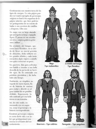 Gontinuemos con nuestro tema de los
tipos de cuerpos. En esta página pue-
des ver cuatro ejemplos de personajes
mágicos en base a los esquemas de la
página anterior, que bien podrían
ser protagonistas de un cuento de
hadas o una aventura de castillos
y dragones. Ellos son:
Un mago, con su largo atuendo
que acompaña su larga y espigada
figura. El piensa en sus encanta-
mientos y mágicos poderes próxi-
mos a utilizar.
Un ermitaño del bosque, que,
como buen flemático, no se olvi-
da de llevar un morral provisto
de alimentos. Anda solitario en-
tre grandes árboles y cada tanto
encuentra algún viajero a caballo
con quien conversar un poco.
Un guerrero, listo para enfrentar
una batalla o rescatar a una bella
doncella de las garras de un horri-
ble ogro. Se ha entrenado con
prácticas gimnásticas y de lucha
todo este tiempo.
finalmente, un simpático na-
vegante de mares lejanos, lle-
no de historias de marinos
para contar y divertir en al-
guna cantina de un pueblito
olvidado. Seguramente ha
sido cautivado por una bella
sirena en sus travesías.
Así, de este modo, co-
menzando con un esque-
ma, surge el personaje y Ja
historia correspondiente.
Gonstruir personajes mágicos
es como darJe vida a un ac-
tor que protagonizará una
^ _ escena en eJ teatro del en-
68 cantamiento.
.Mago
Tipo melancólico
Ermitaño del bosque
Tipo flemático
Guerrero - Tipo colérico .Navegante - Tipo sanguíneo
 