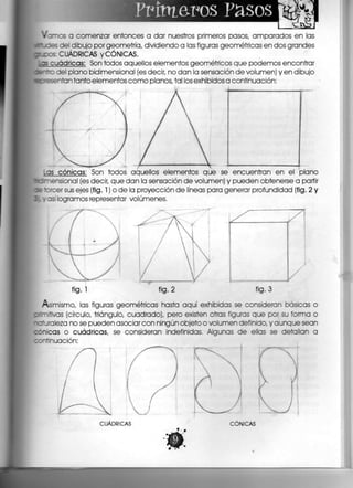 Primaros Pasos m
• :~~s a comenzar entonces a dar nuestros primeros pasos, amparados en las
"uces del dibujo por geometría, dividiendo a las figuras geométricas en dos grandes
JDDS CUÁDRICAS y CÓNICAS.
es cjádricas: Son todos aquellos elementos geométricos que podemos encontrar
s—z del plano bidimensional (es decir, no dan la sensación de volumen) y en dibujo
ntan tanto elementos como planos, tal los exhibidos a continuación:
.es cónicas: Son todos aquellos elementos que se encuentran en el plano
~ensional (es decir, que dan la sensación de volumen) y pueden obtenerse a partir
Drcer sus ejes (fig. 1) o de la proyección de líneas para generar profundidad (fig. 2 y
así logramos representar volúmenes.
fig. 1 fig. 2 fig. 3
Asimismo, las figuras geométricas hasta aquí exhibidas se consideran básicas o
rnrtivas (círculo, triángulo, cuadrado), pero existen otras figuras que por su forma o
realeza no se pueden asociar con ningún objeto o volumen definido, y aunque sean
únicas o cuádricas, se consideran indefinidas, Algunas de ellas se detallan a
:ntinuación:
CUADRICAS CONICAS
 