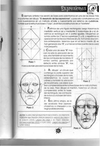 expresiones
El ejemplo anterior nos servirá de base para adentrarnos en una de las áreas más
mportantes del dibujo: "El desarrollo de las expresiones", y para ello construiremos una
cara basándonos en un método simple, y nuevamente por sistema de cuádricas.
otese que la estructura base o "caja", es similar a la estructura de un "barrilete".
1 - Partimos de una figura rectangular, luego trazamos la
mediatriz vertical (a) y mediante 2 horizontales (b y c) di-
vidimos el rectángulo en 6 partes iguales. Dibujamos un
rombo entre los 2 tercios superiores (1 y 2), y repetimos la
operación en los tercios inferiores (2 y 3), formando dos rom-
bos entrelazados, Veremos que en el tercio medio (2) se
han generado dos "X", y un tercer rombo (centro de la cara)
más pequeño.
2- C a d a una de esas "X" mar-
can no sólo la ubicación de los
ojos, sino también el nacimiento
de las comisuras de los labios. El
rombo central, generado por
defecto entre ambas "X", nos
marca donde ubicaremos la base de la nariz.
3- A l dibujar un círculo que
contenga la parte superior del
rectángulo y la base de la nariz,
obtendremos la curva del
cráneo y también la ubicación
de los pómulos. Las orejas que-
dan comprendidas entre la línea base de la nariz y la línea
de la ceja, Para dibujar el mentón, haremos un círculo
comprendido entre la base
del rectángulo, las comisuras
de la boca y la base del labio
inferior.
4- Esta última etapa, es la
del acabado final (aprove-
charemos a chequear y co-
rregir posibles errores).
Paso 2
Paso 3
NOTA: SI U N A C A R A E S B I E N P R O P O R C I O N A B A , S U S M E P I P A S
P E B E R Á N S E R C S E S Ú N ChNON S R I E S O ; : A N C H O P E C A R A »
5 (CINCO) O J O S . L A R 6 0 P E C A R A = 3 ( T R E S ) N A R I C E S .
P 1 S T A N C 1 A E N T R E O J O S = > ( U N ) O J O . L A R 6 0 P E O R E J A * ?
( U N A ) N A R I Z .
Paso 4
 