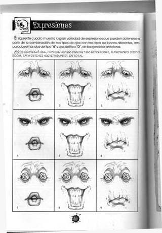 expresiones
El siguiente cuadro muestra la gran variedad de expresiones que pueden obtenerse a
partir de la combinación de tres tipos de ojos con tres tipos de bocas diferentes, am-
parados en los ojos del tipo "6" y ojos del tipo "D", de los ejercicios anteriores.
NOTA: C0NS1PERA" QUÉ, CON QUE LOSRES PlBUÜAR TRES EXPRESIONES, ALTERNANPO OÜOS V
BOCAS, VAS A OBTENER NUEVE VARIANTES EN TOTAL
 