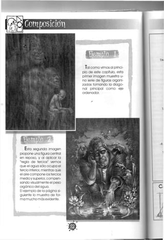 Composición
Esta segunda imagen
propone una figura central
en reposo, y al aplicar la
"regla de tercios" vemos
que el agua sólo ocupa el
tercio Inferior, mientras que
el aire compone los tercios
medio y superior, compen-
sando vlsualmente el peso
orgánico del agua.
El ejemplo de la página si-
guiente lo muestra de for-
ma mucho más evidente.
Tal como vimos al princi-
pio de este capítulo, esta
primer imagen muestra u-
na serie de figuras organi-
zadas tomando la diago-
nal principal como eje
ordenador.
 