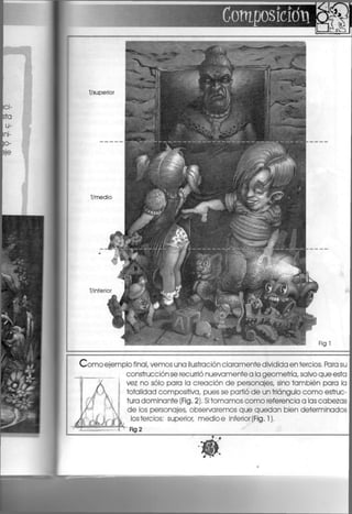 T/superior
T/medio
T/¡nfer¡or
Fig 1
C o m o ejemplo final, vemos una ilustración claramente dividida en tercios. Para su
construcción se recurrió nuevamente a la geometría, salvo que esta
vez no sólo para la creación de personajes, sino también para la
totalidad compositiva, pues se partió de un triángulo como estruc-
tura dominante (Fig. 2). Si tomamos como referencia a las cabezas
de los personajes, observaremos que quedan bien determinados
lostercios: superior, medioe Inferior (Fig. 1).
Fig 2
 