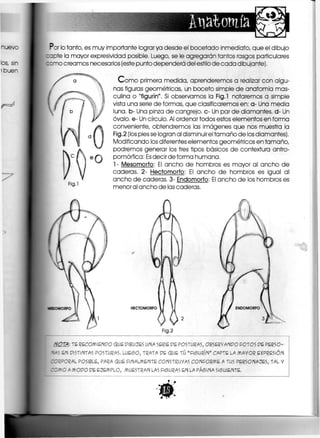 Por lo tanto, es muy Importante lograr ya desde el bocetado inmediato, que el dibujo
: apte la mayor expresividad posible, Luego, se le agregarán tantos rasgos particulares
> creamos necesarios (este punto dependerá del estilo de cada dibujante),
C o m o primera medida, aprenderemos a realizar con algu-
nas figuras geométricas, un boceto simple de anatomía mas-
culina o "figurín". Si observamos la Fig.l notaremos a simple
vista una serie de formas, que clasificaremos en: a- Una media
luna, b- Una pinza de cangrejo, c- Un par de diamantes, d- Un
óvalo, e- Un círculo, Al ordenar todos estos elementos en forma
conveniente, obtendremos las imágenes que nos muestra la
Fig.2 (los pies se logran al disminuirel tamaño de los diamantes).
Modificando los diferentes elementos geométricos en tamaño,
podremos generar los tres tipos básicos de contextura antro-
pomórfico: Es decir de forma humana,
1 - Mesomorfo: El ancho de hombros es mayor al ancho de
caderas. 2- Hectomorfo: El ancho de hombros es igual al
ancho de caderas, 3- Endomorfo: El ancho de los hombros es
menor al ancho de las caderas,Fig.l
HECTOMORFO
Fig.2
IOTA: TE RECOMIENPO G¡UE PIBUJES UNA SERIE PE POSTURAS, OBSERVANPO FOTOS PE PERSO-
S CN PlSTlNTAS POSTURAS. LUESO, TRATA PE OUE TÚ "FISURÍN" CAPTE LA MAYOR EXPRESIÓN
KJPORAL POSIBLE, PARA OUE FINALMENTE CONSTRUYAS CONFORME A TUS PERSONAJES, TAL V
: r 0 A MOPO PE EJEMPLO, MUESTRAN LAS FISURAS EN LA PÁSINA S1SU1ENTE.
 