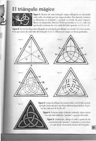 El triángulo mágico
figura 1: Dentro de este triángulo mágico dibujarás un intrincado
nudo celta, inventado por los magos druidas. Para hacerlo, comien-
za dibujando un triángulo y agrégale un borde de poco espesor.
Marca sus diagonales internas (líneas punteadas a, b y c), cada una
apuntando exactamente a la mitad del Jado opuesto: a-1, b-3 y c-2.
figura 2: Ya con Jas diagonaJes dibujadas te orientarás para dibujar un círculo (4) y tres semies-
feras que nacen de cada lado del triángulo (5, 6, 7). Observa Ja imagen en líneas punteadas.
figura 1
3 /
f/ c í
x 1
/ / *
* -É ¿*
* t • •• ^
a !
b

V  
">s 
figura 3
figura 5
figura 3: Luego de dibujar los semicírculos y el círculo central,
agrégale hacia adentro una línea adicional para definir el gro-
sor de cada una (8, 9, 10 y 11).
figura 4: Ya tienes todo el diseño realizado, ahora marca
con más intensidad los "puentes" o pasajes del nudo.
figura 5: finalmente, dibuja el nudo a partir de las
marcaciones de "puentes" realizadas y verás cómo
el nudo tiene movimiento dentro del triángulo.
 