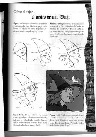 Gomo dibujar...
eí 100*10 k uno Wmjn
figura 1 - Gomienza dibujando un círculo
v un triángulo. Este último se apoya en la
mitad del círculo en forma diagonal. En
el centro del triángulo agrega el ojo.
figura 2 - Dibuja una onda tomando como
referencia la línea divisoria del círculo; se-
rá el ala del sombrero, y desde Ja parte su-
perior del círcuJo, dibuja dos curvas que se
unen para formar Ja copa de su puntiagudo
sombrero.
Figura 4
figura 2 y 3 - EJ ojo ya Jo tienes, agrega
Ja nariz ganchuda y la prominente mandí-
bula con el redondeado mentón. Sus ca-
bellos ondulantes se mueven hacia atrás
(¿estará volando en su escoba?)
figura 4 y 5 -finalmente, agrégale la re-
torcida boca con un diente y el cuello
de su ropa. Si quieres darle más atmós-
fera, dibuja una luna creciente entre
ondulantes nubes ¡y ya!
 