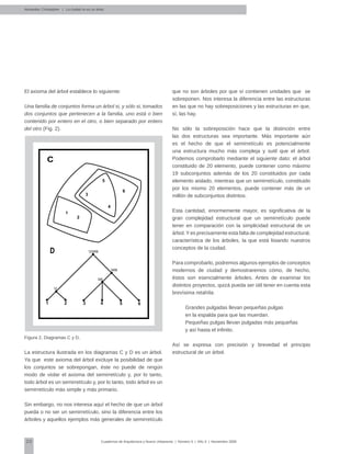 20 Cuadernos de Arquitectura y Nuevo Urbanismo | ‌Número 5 | Año 3 | Noviembre 2008
El axioma del árbol establece lo siguiente:
Una familia de conjuntos forma un árbol si, y sólo si, tomados
dos conjuntos que pertenecen a la familia, uno está o bien
contenido por entero en el otro, o bien separado por entero
del otro (Fig. 2).
Figura 2. Diagramas C y D.
La estructura ilustrada en los diagramas C y D es un árbol.
Ya que este axioma del árbol excluye la posibilidad de que
los conjuntos se sobrepongan, éste no puede de ningún
modo de violar el axioma del semirretículo y, por lo tanto,
todo árbol es un semirretículo y, por lo tanto, todo árbol es un
semirretículo más simple y más primario.
Sin embargo, no nos interesa aquí el hecho de que un árbol
pueda o no ser un semirretículo, sino la diferencia entre los
árboles y aquellos ejemplos más generales de semirretículo
que no son árboles por que sí contienen unidades que se
sobreponen. Nos interesa la diferencia entre las estructuras
en las que no hay sobreposiciones y las estructuras en que,
sí, las hay.
No sólo la sobreposición hace que la distinción entre
las dos estructuras sea importante. Más importante aún
es el hecho de que el semirretículo es potencialmente
una estructura mucho más compleja y sutil que el árbol.
Podemos comprobarlo mediante el siguiente dato: el árbol
constituido de 20 elemento, puede contener como máximo
19 subconjuntos además de los 20 constituidos por cada
elemento aislado, mientras que un semirretículo, constituido
por los mismo 20 elementos, puede contener más de un
millón de subconjuntos distintos.
Esta cantidad, enormemente mayor, es significativa de la
gran complejidad estructural que un semirretículo puede
tener en comparación con la simplicidad estructural de un
árbol. Y es precisamente esta falta de complejidad estructural,
característica de los árboles, la que está lisiando nuestros
conceptos de la ciudad.
Para comprobarlo, podremos algunos ejemplos de conceptos
modernos de ciudad y demostraremos cómo, de hecho,
éstos son esencialmente árboles. Antes de examinar los
distintos proyectos, quizá pueda ser útil tener en cuenta esta
brevísima retahíla:
Grandes pulgadas llevan pequeñas pulgas
en la espalda para que las muerdan.
Pequeñas pulgas llevan pulgadas más pequeñas
y así hasta el infinito.
Así se expresa con precisión y brevedad el principio
estructural de un árbol.
Alexander, Christopher | La ciudad no es un árbol
1
2
3
4
5
6
1
12
123456
2 3 4 5 6
345
3456
D
C
 