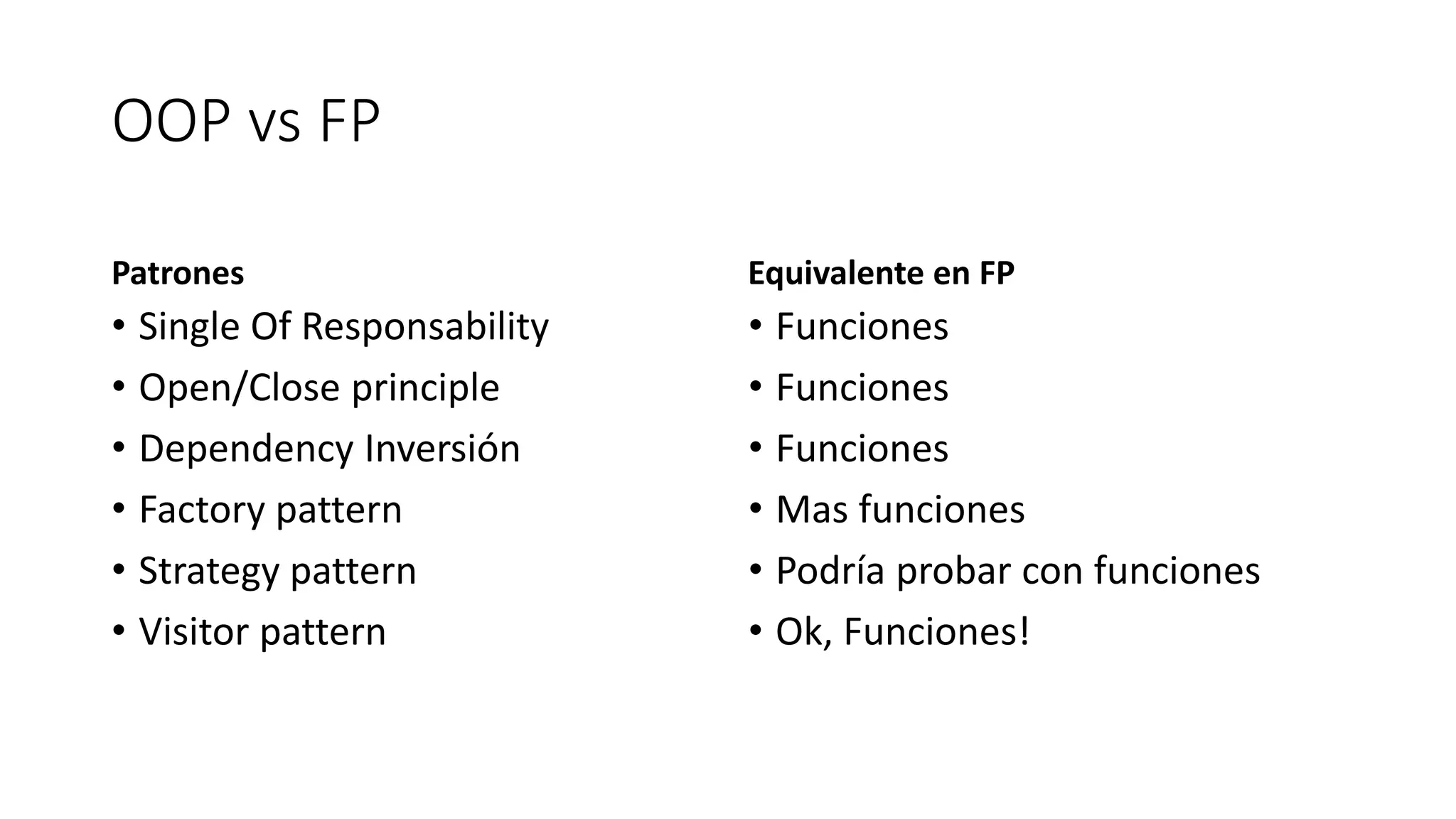 OOP vs FP
Patrones
• Single Of Responsability
• Open/Close principle
• Dependency Inversión
• Factory pattern
• Strategy pattern
• Visitor pattern
Equivalente en FP
• Funciones
• Funciones
• Funciones
• Mas funciones
• Podría probar con funciones
• Ok, Funciones!
 