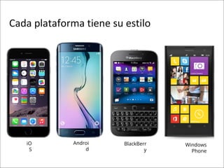 iO
S
Androi
d
BlackBerr
y
Windows
Phone
Cada plataforma tiene su estilo
 