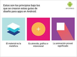 Estos son los principios bajo los
que se crearon estas guías de
diseño para apps en Android:
El material es la
metáfora
La animación proveé
significado
Es atrevido, gráfico e
intencional
 