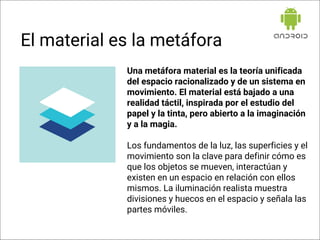 Una metáfora material es la teoría unificada
del espacio racionalizado y de un sistema en
movimiento. El material está bajado a una
realidad táctil, inspirada por el estudio del
papel y la tinta, pero abierto a la imaginación
y a la magia.
Los fundamentos de la luz, las superficies y el
movimiento son la clave para definir cómo es
que los objetos se mueven, interactúan y
existen en un espacio en relación con ellos
mismos. La iluminación realista muestra
divisiones y huecos en el espacio y señala las
partes móviles.
El material es la metáfora
 