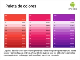 Paleta de colores
La paleta de color viene con colores primarios y llena el espectro para crear una paleta
usable y completa para Android, Web y iOS. Se sugiere usar los 500 colores como los
colores primarios en tus apps y otros colores para crear contraste
 