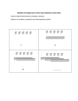 Modelos de trabajo para contar hacia adelante y hacia atrás
Usando material estructurado de unidades y decenas.
Observa los modelos y completa lo que falta siguiendo el patrón:
5
15
25
__________