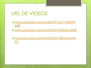URL DE VIDEOS
 www.youtube.com/watch?v=g1VJWbPb
  p88
 www.youtube.com/watch?v=XMzgvL4lUZI


 www.youtube.com/watch?v=i3Enmxonm
 KU
 