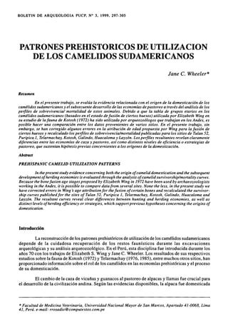 BOLETIN DE ARQUEOLOGIA PUCP, N° 3, 1999,297-305
PATRONES PREHISTORICOS DE UTILIZACION
DE LOS CAMELIDOS SUDAMERICANOS
Jane C. Wheeler*
Resumen
En el presente trabajo, se evalua la evidencia relacionada con el origen de la domesticacion de los
camilidos sudamericanos y el subsecuente desarrollo de las economlas de pastoreo a travis del analisis de los
perfiles de sobrevivencial mortalidad de estos animales. Debido a que la tabla de grupos etarios en los
camilidos sudamericanos (basados en el estado de fusion de ciertos huesos) utilizada por Elizabeth Wing en
su estudio de lafauna de Kotosh (1972) ha sido utilizada por arqueozoologos que trabajan en los Andes, es
posible hacer una comparacion entre los datos provenientes de varios sitios. En el presente trabajo, sin
embargo, se han corregido algunos errores en la atribucion de edad propuesta por Wing para lafusion de
ciertos huesos y recalculado los perfiles de sobrevivencialmortalidad publicadas para los sitios de Tulan 52,
Puripica 1, Telarmachay, Kotosh, Galindo, Huacaloma y Layzon. Los perfiles resultantes revelan claramente
diferencias entre las economias de caza y pastoreo, as( como distintos niveles de eficiencia 0 estrategias de
pastoreo, que sustentan hipotesis previas concernientes a los origenes de la domesticacion.
Abstract
PREHISPANIC CAMELID UTILIZATION PATTERNS
In the present study evidence concerning both the origin ofcamelid domestication and the subsequent
development ofherding economies is evaluated through the analysis ofcamelid survivorship/mortality curves.
Because the bone fusion age stages proposed by Elizabeth Wing in 1972 have been used by archaeozoologists
working in the Andes, it is possible to compare data from several sites. None the less, in the present study we
have corrected errors in Wing's age attribution for the fusion ofcertain bones and recalculated the survivor-
ship curves published for the sites of Tulan 52, Puripica 1, Telarmachay, Kotosh, Galindo, Huacaloma and
Layzon. The resultant curves reveal clear differences between hunting and herding economies, as well as
distinct levels ofherding efficiency or strategies, which support previous hypotheses concerning the origins of
domestication.
Introduccion
La reconstrucci6n de los patrones prehist6ricos de utilizaci6n de los camelidos sudamericanos
depende de la cuidadosa recuperaci6n de los restos faunfsticos durante las excavaciones
arqueo16gicas y su analisis arqueozoo16gico. En el Peru, esta disciplina fue introducida durante los
anos 70 con los trabajos de Elizabeth S. Wing y Jane C. Wheeler. Los resultados de sus respectivos
estudios sobre la fauna de Kotosh (1972) y Telarmachay (1976, 1985), entre muchos otros sitios, han
proporcionado informaci6n sobre el rol de los camelidos en las economfas prehist6ricas y el proceso
de su domesticaci6n.
El cambio de la caza de vicunas y guanacos al pastoreo de alpacas y llamas fue crucial para
el desarrollo de la civilizaci6n andina. Segun las evidencias disponibles, la alpaca fue domesticada
* Facultad de Medicina Veterinaria, Universidad Nacional Mayor de San Marcos, Apartado 41-0068, Lima
41, Peru. e-mail: rrosadio@computextos.com.pe
 