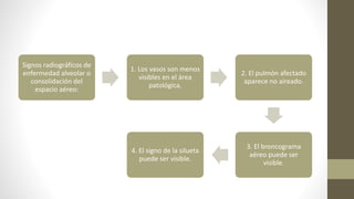 Signos radiográficos de
enfermedad alveolar o
consolidación del
espacio aéreo:
1. Los vasos son menos
visibles en el área
patológica.
2. El pulmón afectado
aparece no aireado.
3. El broncograma
aéreo puede ser
visible.
4. El signo de la silueta
puede ser visible.
 