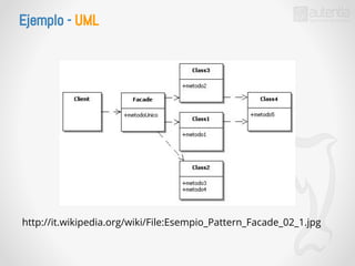 Ejemplo - UML 
http://it.wikipedia.org/wiki/File:Esempio_Pattern_Facade_02_1.jpg 
 
