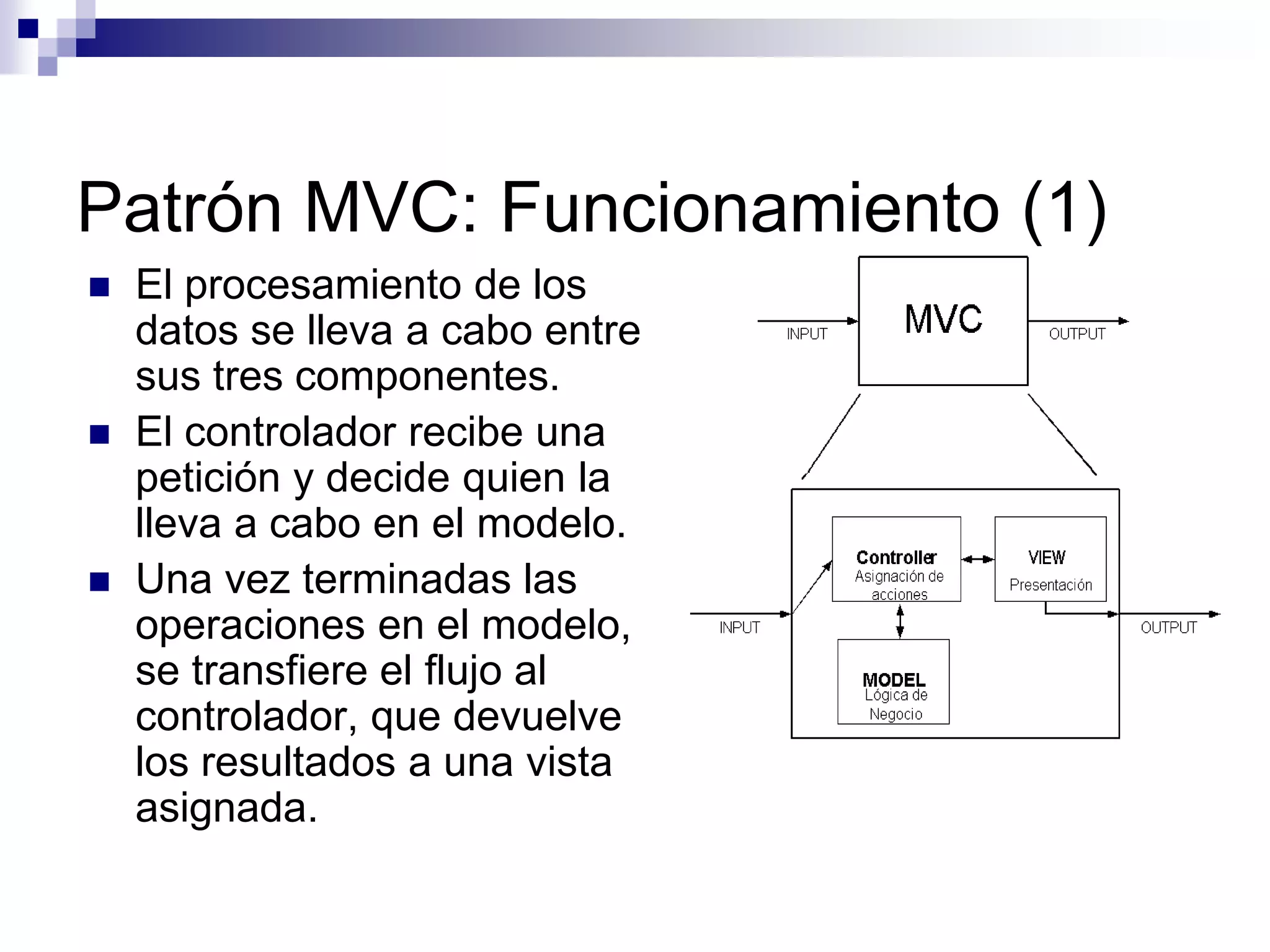 Patrón MVC: Funcionamiento (1)
   El procesamiento de los
    datos se lleva a cabo entre
    sus tres componentes.
   El controlador recibe una
    petición y decide quien la
    lleva a cabo en el modelo.
   Una vez terminadas las
    operaciones en el modelo,
    se transfiere el flujo al
    controlador, que devuelve
    los resultados a una vista
    asignada.
 
