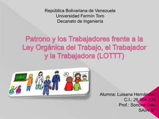 República Bolivariana de Venezuela
Universidad Fermín Toro
Decanato de Ingeniería
Alumna: Luisana Hernández
C.I.: 26.904.235
Prof.: Soncire Diaz
SAIA “B”
 