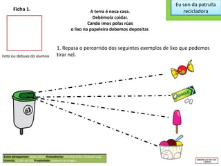 Eu son da patrulla
recicladoraFicha 1.
Foto ou debuxo do alumno
A terra é nosa casa.
Debémola coidar.
Cando imos polas rúas
o lixo na papeleira debemos depositar.
1. Repasa o percorrido dos seguintes exemplos de lixo que podemos
tirar nel.
 