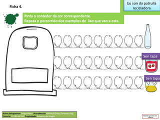 Eu son da patrulla
recicladoraFicha 4.
Pinta o contedor da cor correspondente.
Repasa o percorrido dos exemplos de lixo que van a este.
Sen tapa
Sen tapa
 