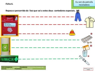 Eu son da patrulla
recicladoraFicha 6.
Repasa o percorrido do lixo que vai a estes dous contedores especiais.
 