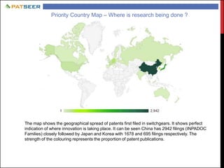 Priority Country Map – Where is research being done ?
The map shows the geographical spread of patents first filed in switchgears. It shows perfect
indication of where innovation is taking place. It can be seen China has 2942 filings (INPADOC
Families) closely followed by Japan and Korea with 1678 and 695 filings respectively. The
strength of the colouring represents the proportion of patent publications.
 
