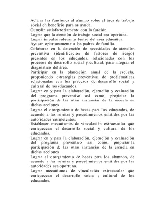 Aclarar las funciones al alumno sobre el área de trabajo
social en beneficio para su ayuda.
Cumplir satisfactoriamente con la función.
Lograr que la atención de trabajo social sea oportuna.
Lograr impulso relevante dentro del área educativa.
Ayudar oportunamente a los padres de familia.
Colaborar en la detención de necesidades de atención
preventiva (identificación de factores de riesgo)
presentes en los educandos, relacionadas con los
procesos de desarrollo social y cultural, para integrar el
diagnostico del área.
Participar en la planeación anual de la escuela,
proponiendo estrategias preventivas de problemáticas
relacionadas con los procesos de desarrollo social y
cultural de los educandos.
Lograr en y para la elaboración, ejecución y evaluación
del programa preventivo así como, propiciar la
participación de las otras instancias de la escuela en
dichas acciones.
Lograr el otorgamiento de becas para los educandos, de
acuerdo a las normas y procedimientos emitidos por las
autoridades competentes.
Establecer mecanismos de vinculación extraescolar que
enriquezcan el desarrollo social y cultural de los
educandos.
Lograr en y para la elaboración, ejecución y evaluación
del programa preventivo así como, propiciar la
participación de las otras instancias de la escuela en
dichas acciones.
Lograr el otorgamiento de becas para los alumnos, de
acuerdo a las normas y procedimientos emitidos por las
autoridades sea oportuno.
Lograr mecanismos de vinculación extraescolar que
enriquezcan el desarrollo socia y cultural de los
educandos.
 
