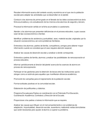 Recabar información acerca del contexto social y económico en el que vive la población
escolar para adaptar las actividades que se desarrollan en el plantel.
Conducir a los alumnos de primer grado en el llenado de los datos socioeconómicos de la
ficha acumulativa y a la actualización de los mismos a los alumnos de segundo y tercero.
Procesar la información vertida en la ficha acumulativa o cuestionario.
Atender a los alumnos que presenten deficiencias en el proceso educativo, cuyas causas
sean de tipo socioeconómico o familiar.
Identificar problemas de asistencia y puntualidad, aseo, material escolar, originados por la
situación socioeconómica, así como problemas familiares.
Entrevista a los alumnos, padres de familia, compañeros y amigos para obtener mayor
información cuando se considere que el caso requiere atención especial.
Analizar las causas de deserción escolar y canalizar a donde corresponda.
Entrevista a padres de familia, alumnos y analizar las posibilidades de reincorporación al
proceso educativo.
Informar periódicamente al director del plantel acerca de los avances de alumno en
proceso de reincorporación.
Participar en las gestiones para la obtención de becas ante las instituciones que la
otorgan como un estimulo para aquellos que manifiestan eficiencia académica.
Promoción de campañas para el mejoramiento de la población escolar.
Formar actitudes positivas en la comunidad escolar.
Elaboración de justificantes y citatorios.
Programa Escuela para Padres en coordinación con el Patronato Pro-Educación,
Coordinación Académica, Contralora y Dirección de la Escuela.
Proporcionar a los padres o tutores la información que se requiere.
Analizar las causas que influyen en el mal comportamiento o con problemas de
adaptación, impuntualidad, deserción escolar, ausentismo, realizando visitas domiciliarias
que serán necesarias para ayudar al alumno a superar su problema.
 