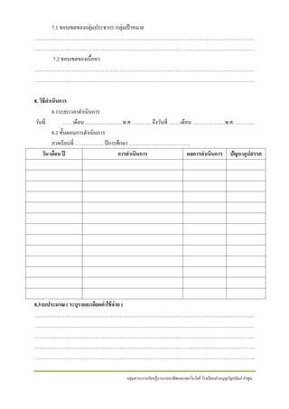 7.1 ขอบเขตของกลุ่มประชากร/กลุ่มเป้ าหมาย
…………………………………………………………………………………………………………………
…………………………………………………………………………………………………………………
7.2 ขอบเขตของเนื้อหา
…………………………………………………………………………………………………………………
…………………………………………………………………………………………………………………
8. วิธีดาเนินการ
8.1ระยะเวลาดาเนินการ
วันที่
……เดือน ………………….พ.ศ. ……….. ถึงวันที่ …….เดือน ……………….พ.ศ. ………...
8.2 ขั้นตอนการดาเนินการ
ภาคเรี ยนที่ …………….. ปี การศึกษา ………………………………
วัน เดือน ปี
การดาเนินการ
ผลการดาเนินการ ปัญหาอุปสรรค

8.3งบประมาณ ( ระบุรายละเอียดค่ าใช้ จ่าย )
…………………………………………………………………………………………………………………
…………………………………………………………………………………………………………………
…………………………………………………………………………………………………………………
…………………………………………………………………………………………………………………
…………………………………………………………………………………………………………………
กลุ่มสาระการเรี ยนรู้การงานอาชีพและเทคโนโลยี โรงเรี ยนส่ วนบุญโญปถัมภ์ ลาพูน

 