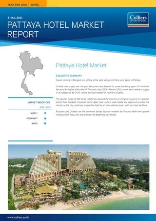 year end 2010 | hotel




thailand

Pattaya Hotel Market
rePort


                                            Pattaya Hotel Market
                                            executive Summary
                                            Issues relating to Bangkok are a thing of the past as tourists flock once again to Pattaya.

                                            limited new supply over the past few years has allowed for some breathing space for the hotel
                                            industry during the difficulties in thailand since 2006. around 1,950 rooms were added to supply
                                            in all categories for 2010 raising the total number of rooms to 45,600.

                                            the greater range of Mid Scale hotels has allowed the industry to compete on price to a greater
                 market indicatorS          extent than Bangkok. However more Upper and luxury scale hotels are expected to enter the
                                            market as the city continues to redefine itself as an international resort with top class facilities.
                              2009 - 2010

                                            russians and Chinese are the dominant foreign tourism markets for Pattaya while new growth
                     Supply
                                            markets from India, Iran and Vietnam are beginning to emerge.
                occupancy

                     rateS




www.colliers.co.th
 