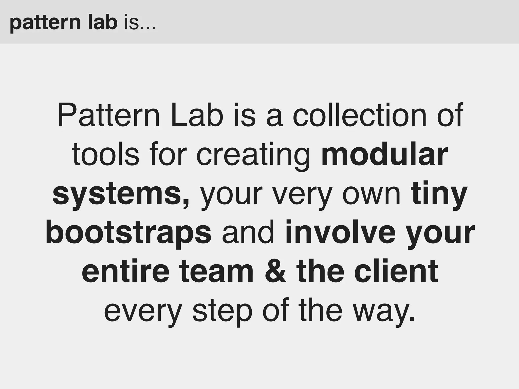 pattern lab is...

Pattern Lab is a collection of
tools for creating modular
systems, your very own tiny
bootstraps and involve your
entire team & the client
every step of the way.

 