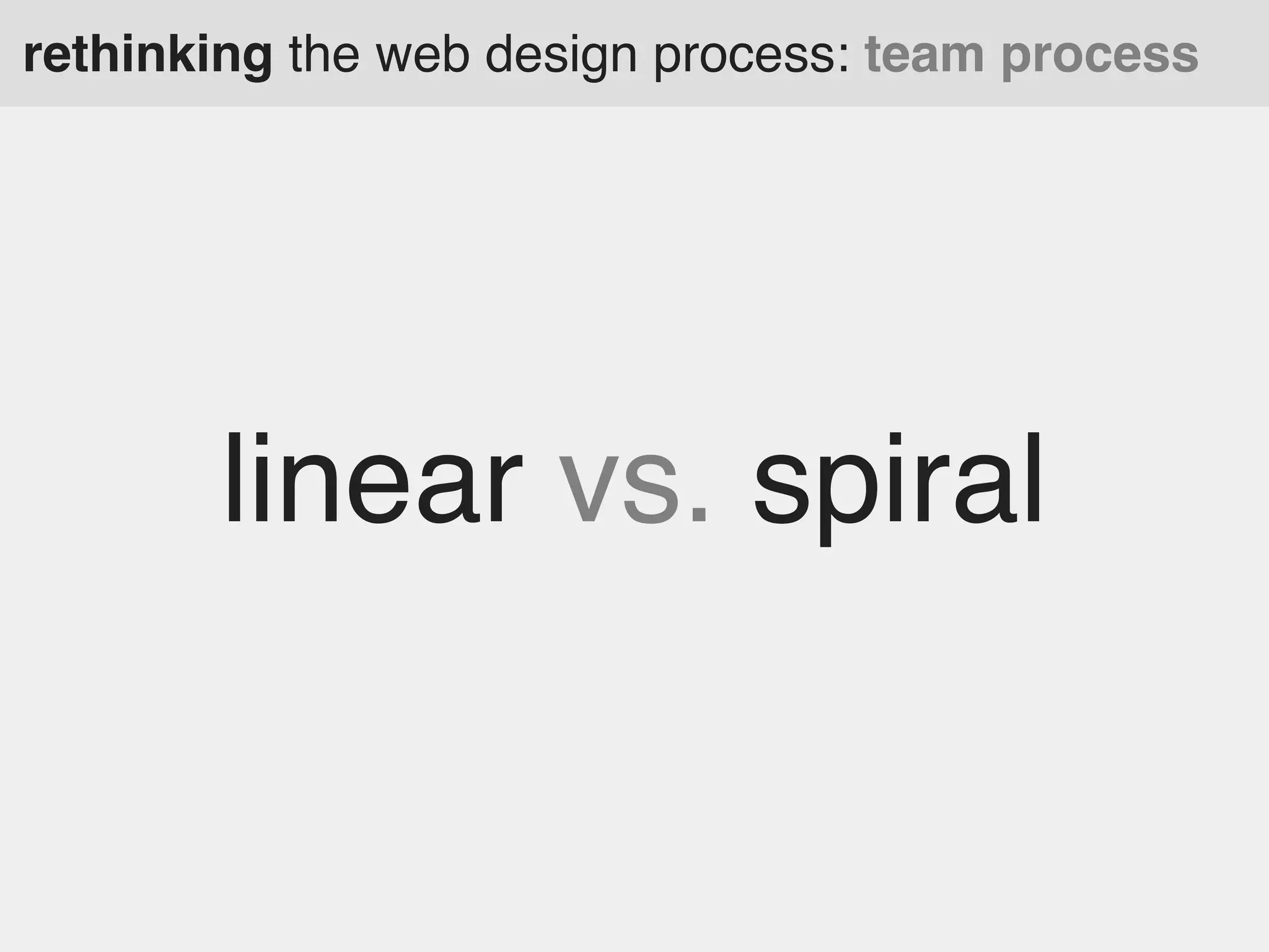 rethinking the web design process: team process

linear vs. spiral

 
