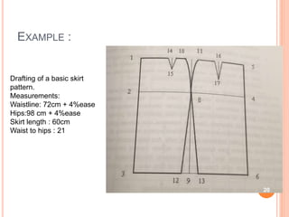 EXAMPLE :
Drafting of a basic skirt
pattern.
Measurements:
Waistline: 72cm + 4%ease
Hips:98 cm + 4%ease
Skirt length : 60cm
Waist to hips : 21
20
 