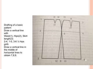 Drafting of a basic
pattern
Draw a vertical line
with
Waist(1), Hips(2), Skirt
length(3)
2-4, 1-5, 3-6 ½ hips
girth
Draw a vertical line in
the middle of
horizontal lines to
obtain 7,8,9.
21
 