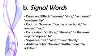 b. Signal Words
- Cause and Effect: "because," "since," "as a result,"
"consequently"
- Contrast: "however," "on the other hand," "in
contrast," "yet"
- Comparison: "similarly," "likewise," "in the same
way," "compared to"
- Sequence: "first," "next," "then," "finally"
- Addition: "also," "besides," "furthermore," "in
addition"
 