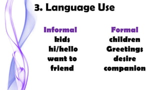 3. Language Use
Informal
kids
hi/hello
want to
friend
Formal
children
Greetings
desire
companion
 