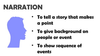 NARRATION
• To tell a story that makes
a point
• To give background on
people or event
• To show sequence of
events
 