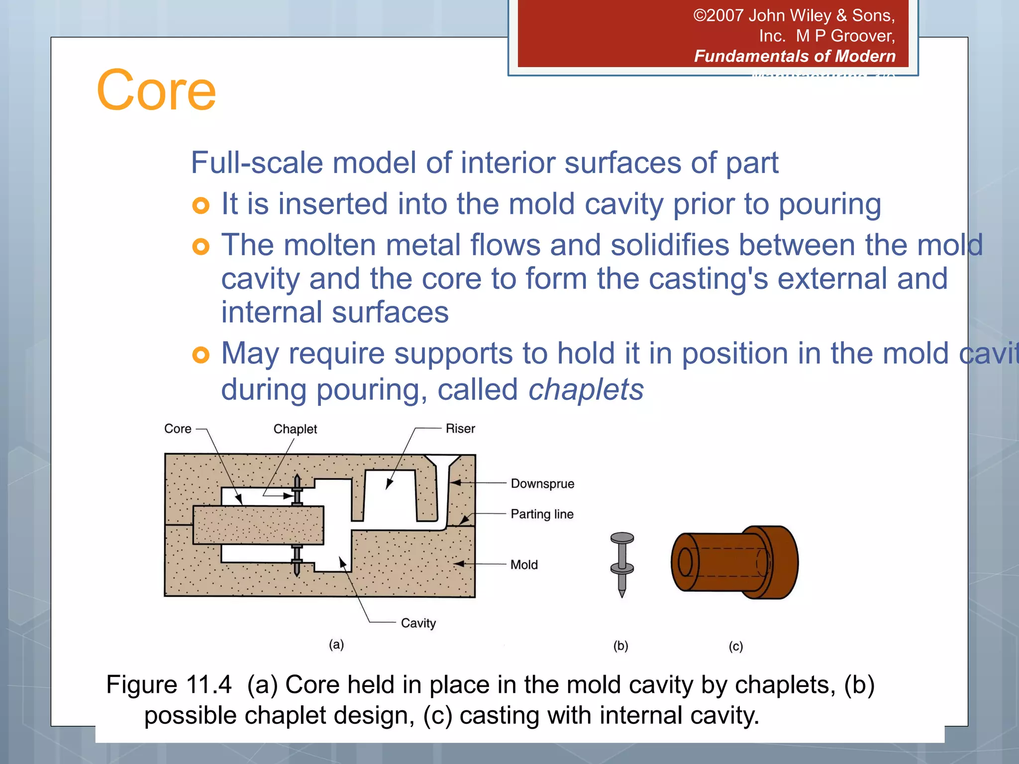©2007 John Wiley & Sons,
Inc. M P Groover,
Fundamentals of Modern
Manufacturing 3/e
Core
Full-scale model of interior surfaces of part
 It is inserted into the mold cavity prior to pouring
 The molten metal flows and solidifies between the mold
cavity and the core to form the casting's external and
internal surfaces
 May require supports to hold it in position in the mold cavit
during pouring, called chaplets
Figure 11.4 (a) Core held in place in the mold cavity by chaplets, (b)
possible chaplet design, (c) casting with internal cavity.
 