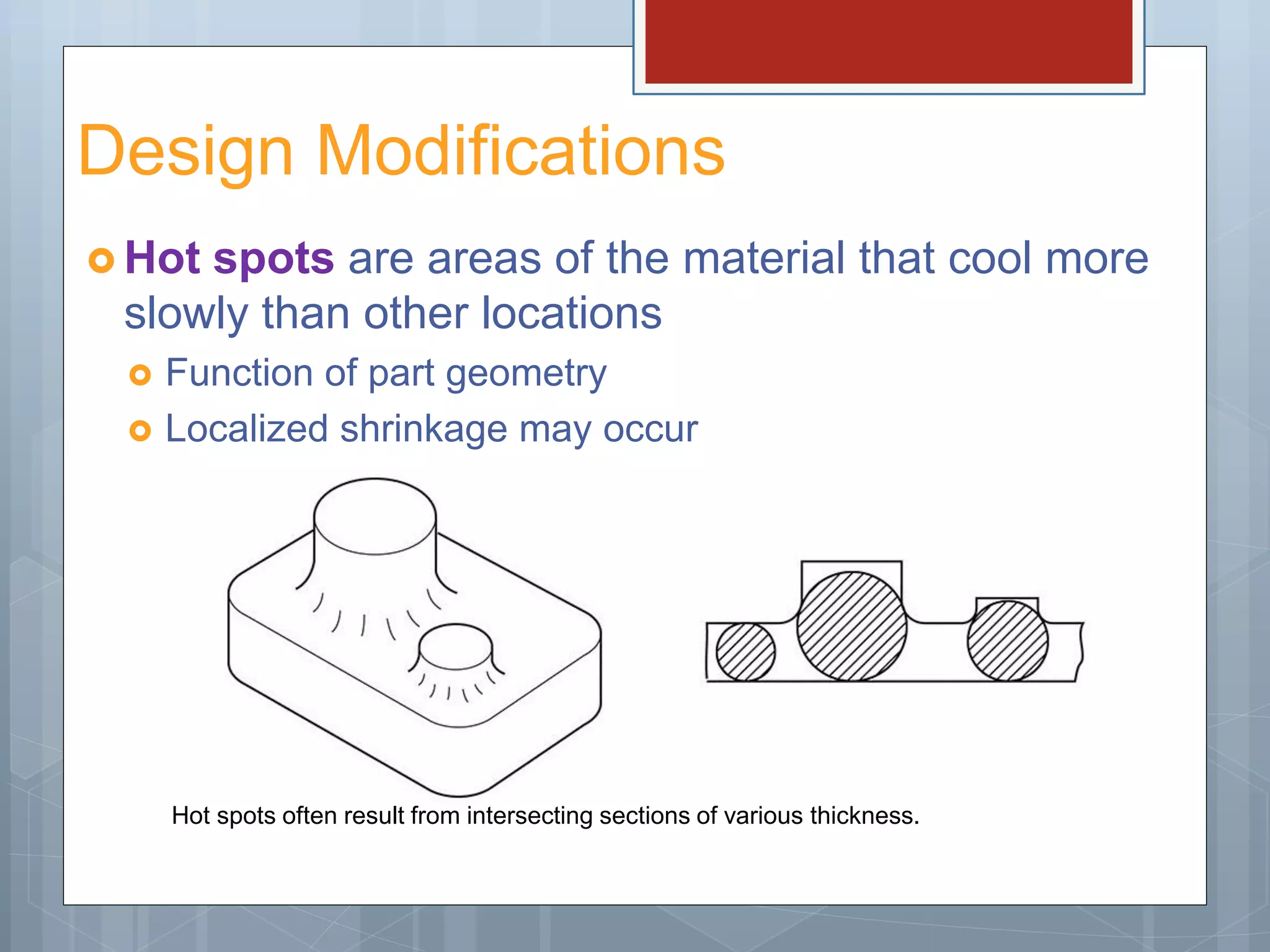 Design Modifications
 Hot spots are areas of the material that cool more
slowly than other locations
 Function of part geometry
 Localized shrinkage may occur
Hot spots often result from intersecting sections of various thickness.
 