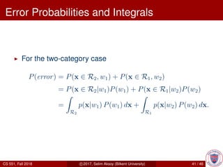 Error Probabilities and Integrals
For the two-category case
P(error) = P(x ∈ R2, w1) + P(x ∈ R1, w2)
= P(x ∈ R2|w1)P(w1) + P(x ∈ R1|w2)P(w2)
=
R2
p(x|w1) P(w1) dx +
R1
p(x|w2) P(w2) dx.
CS 551, Fall 2018 c 2017, Selim Aksoy (Bilkent University) 41 / 46
 