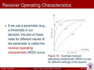 Receiver Operating Characteristics
If we use a parameter (e.g.,
a threshold) in our
decision, the plot of these
rates for different values of
the parameter is called the
receiver operating
characteristic (ROC) curve.
Figure 10: Example receiver
operating characteristic (ROC) curves
for different settings of the system.
CS 551, Fall 2018 c 2017, Selim Aksoy (Bilkent University) 45 / 46
 