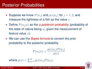 Posterior Probabilities
Suppose we know P(wj) and p(x|wj) for j = 1, 2, and
measure the lightness of a ﬁsh as the value x.
Deﬁne P(wj|x) as the a posteriori probability (probability of
the state of nature being wj given the measurement of
feature value x).
We can use the Bayes formula to convert the prior
probability to the posterior probability
P(wj|x) =
p(x|wj)P(wj)
p(x)
where p(x) = 2
j=1 p(x|wj)P(wj).
CS 551, Fall 2018 c 2017, Selim Aksoy (Bilkent University) 8 / 46
 