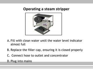 Operating a steam stripper
A. Fill with clean water until the water level indicator
almost full
B. Replace the filler cap, ensuring it is closed properly
C. Connect hose to outlet and concentrator
D.Plug into mains
 