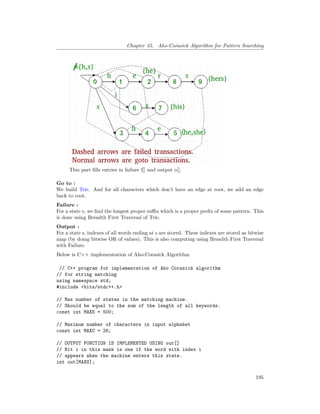 Chapter 35. Aho-Corasick Algorithm for Pattern Searching
This part fills entries in failure f[] and output o[].
Go to :
We build Trie. And for all characters which don’t have an edge at root, we add an edge
back to root.
Failure :
For a state s, we find the longest proper suffix which is a proper prefix of some pattern. This
is done using Breadth First Traversal of Trie.
Output :
For a state s, indexes of all words ending at s are stored. These indexes are stored as bitwise
map (by doing bitwise OR of values). This is also computing using Breadth First Traversal
with Failure.
Below is C++ implementation of Aho-Corasick Algorithm
// C++ program for implementation of Aho Corasick algorithm
// for string matching
using namespace std;
#include <bits/stdc++.h>
// Max number of states in the matching machine.
// Should be equal to the sum of the length of all keywords.
const int MAXS = 500;
// Maximum number of characters in input alphabet
const int MAXC = 26;
// OUTPUT FUNCTION IS IMPLEMENTED USING out[]
// Bit i in this mask is one if the word with index i
// appears when the machine enters this state.
int out[MAXS];
195
 