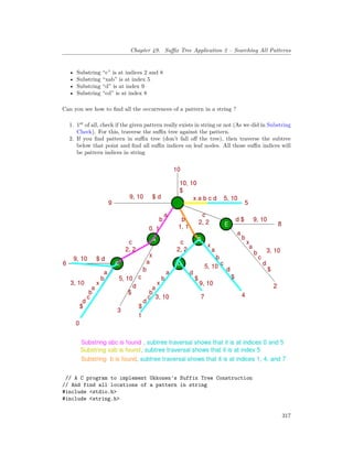 Chapter 49. Suffix Tree Application 2 – Searching All Patterns
• Substring “c” is at indices 2 and 8
• Substring “xab” is at index 5
• Substring “d” is at index 9
• Substring “cd” is at index 8
Can you see how to find all the occurrences of a pattern in a string ?
1. 1st
of all, check if the given pattern really exists in string or not (As we did in Substring
Check). For this, traverse the suffix tree against the pattern.
2. If you find pattern in suffix tree (don’t fall off the tree), then traverse the subtree
below that point and find all suffix indices on leaf nodes. All those suffix indices will
be pattern indices in string
// A C program to implement Ukkonen's Suffix Tree Construction
// And find all locations of a pattern in string
#include <stdio.h>
#include <string.h>
317
 