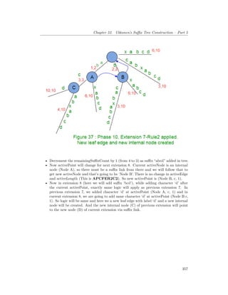 Chapter 52. Ukkonen’s Suffix Tree Construction – Part 5
• Decrement the remainingSuffixCount by 1 (from 4 to 3) as suffix “abcd” added in tree.
• Now activePoint will change for next extension 8. Current activeNode is an internal
node (Node A), so there must be a suffix link from there and we will follow that to
get new activeNode and that’s going to be ‘Node B’. There is no change in activeEdge
and activeLength (This is APCFER2C2). So new activePoint is (Node B, c, 1).
• Now in extension 8 (here we will add suffix ‘bcd’), while adding character ‘d’ after
the current activePoint, exactly same logic will apply as previous extension 7. In
previous extension 7, we added character ‘d’ at activePoint (Node A, c, 1) and in
current extension 8, we are going to add same character ‘d’ at activePoint (Node B c,
1). So logic will be same and here we a new leaf edge with label ‘d’ and a new internal
node will be created. And the new internal node (C) of previous extension will point
to the new node (D) of current extension via suffix link.
357
 