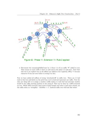 Chapter 52. Ukkonen’s Suffix Tree Construction – Part 5
• Decrement the remainingSuffixCount by 1 (from 1 to 0) as suffix “$” added in tree.
That means no more suffix is there to add and so the phase 11 ends here. Note that
this tree is an explicit tree as all suffixes are added in tree explicitly (Why ?? because
character $ was not seen before in string S so far)
Now we have added all suffixes of string ‘abcabxabcd$’ in suffix tree. There are 11 leaf
ends in this tree and labels on the path from root to leaf end represents one suffix. Now the
only one thing left is to assign a number (suffix index) to each leaf end and that number
would be the suffix starting position in the string S. This can be done by a DFS traversal
on tree. While DFS traversal, keep track of label length and when a leaf end is found, set
the suffix index as “stringSize – labelSize + 1”. Indexed suffix tree will look like below:
362
 